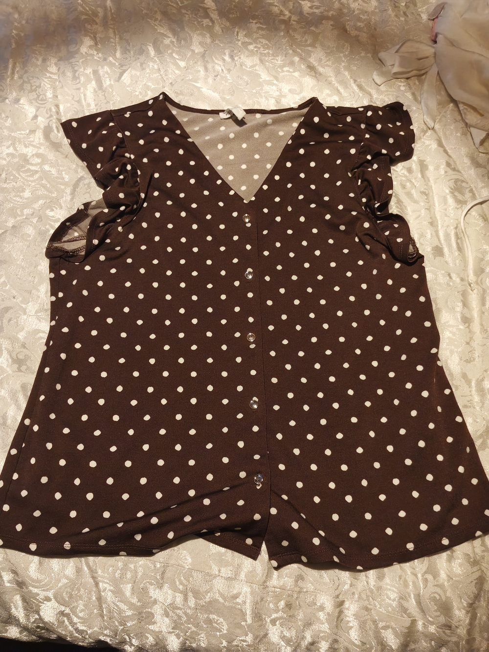 Perseption Brown Polka Dot V-Neck Button-Front Top